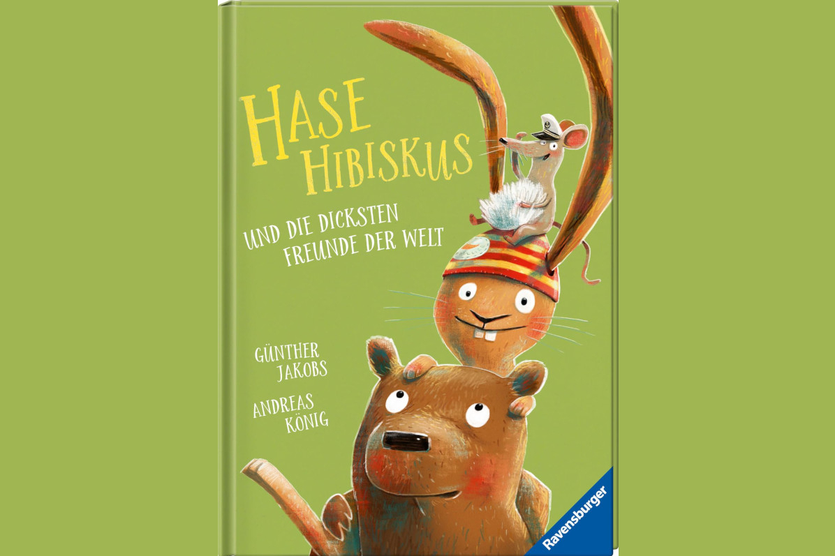 Buchcover "Hase Hibiskus und die dicksten Freunde der Welt". Hase Hibiskus sitzt auf dem Kopf eines Bären.