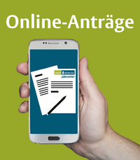 rechteckiges Bild mit Aufschrft "Online-Anträge" und Abbildung einer Hand, die ein Smartphone hält, auf dem Zettel und ein Stift abgebildet sind