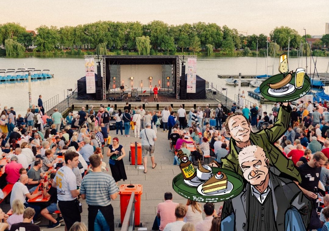 Filmvorführung an den Aaseeterrassen mit Karikatur von WIlsberg und Overbeck im Bildvordergrund