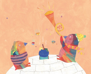 WINTERPUNSCH-Plakat 2025/26 Illustration: Zwei Pinguine stehen auf einem Iglu. Ein Pinguin bläst in die Trompete. Der andere Pinguin trägt einen Baby-Pinguin im Tuch.
