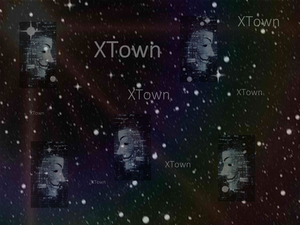 Auf einem sehr dunklen Hintergrund sind mehrfach weiße Masken und der Text „XTown“ in der Fläche angeordnet.