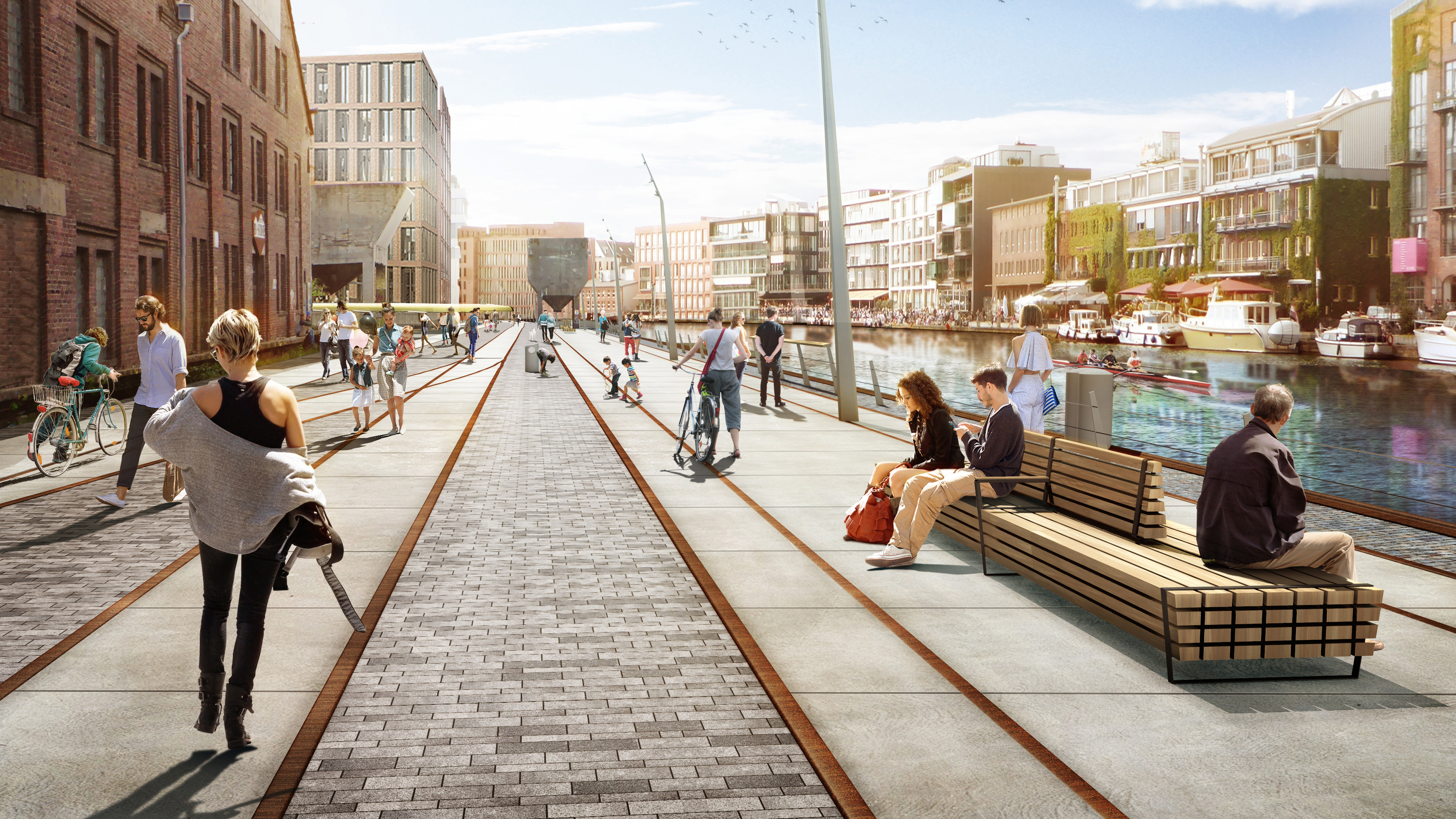 Visualisierung einer zukünftigen Szene am Hafen mit neuem barrierefreien Weg