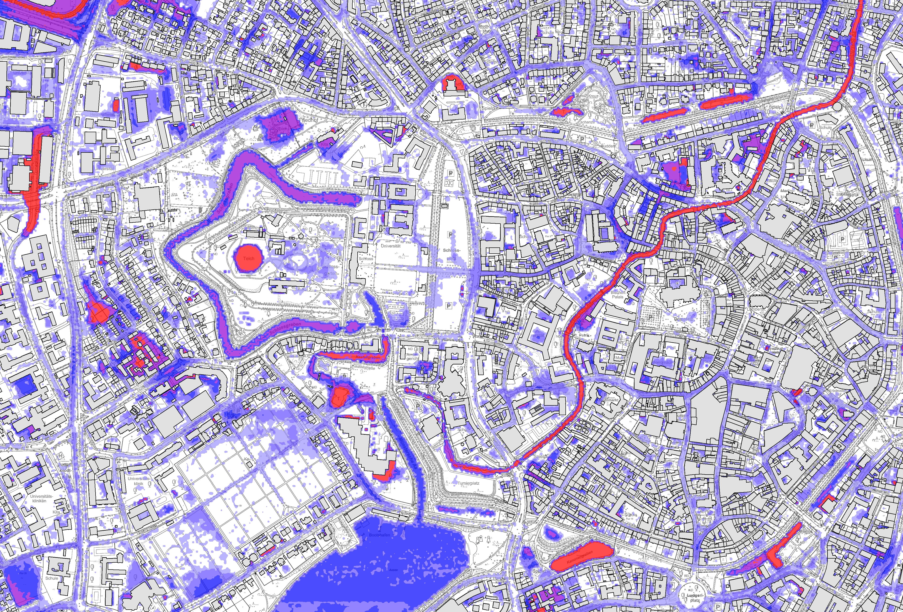 Starkregen: Gefahrenkarte Innenstadt (90mm/60min)