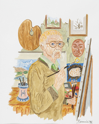 Selbstbildnis von Hermann Spanier an der Staffelei in seinem Atelier. Ölgemälde aus dem Jahr 1998