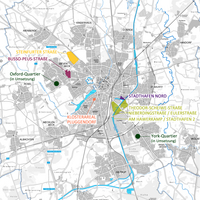 Stadtplan mit Kennzeichnung der geplanten urbanen Stadtquartiere in Münster.