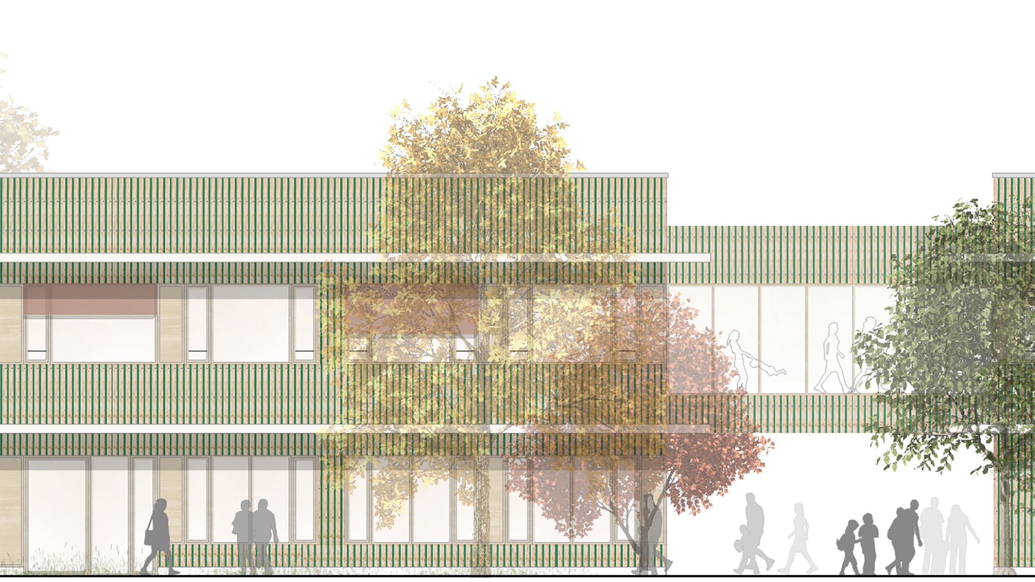 Grafische Visualisierung des Neubaus der Peter-Wust-Schule mit der Verbindungsbrücke zum Altbau sowie Bäumen und Menschen vor dem Gebäude