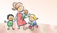 Zeichnung: Eine Frau mit drei Kleinkindern