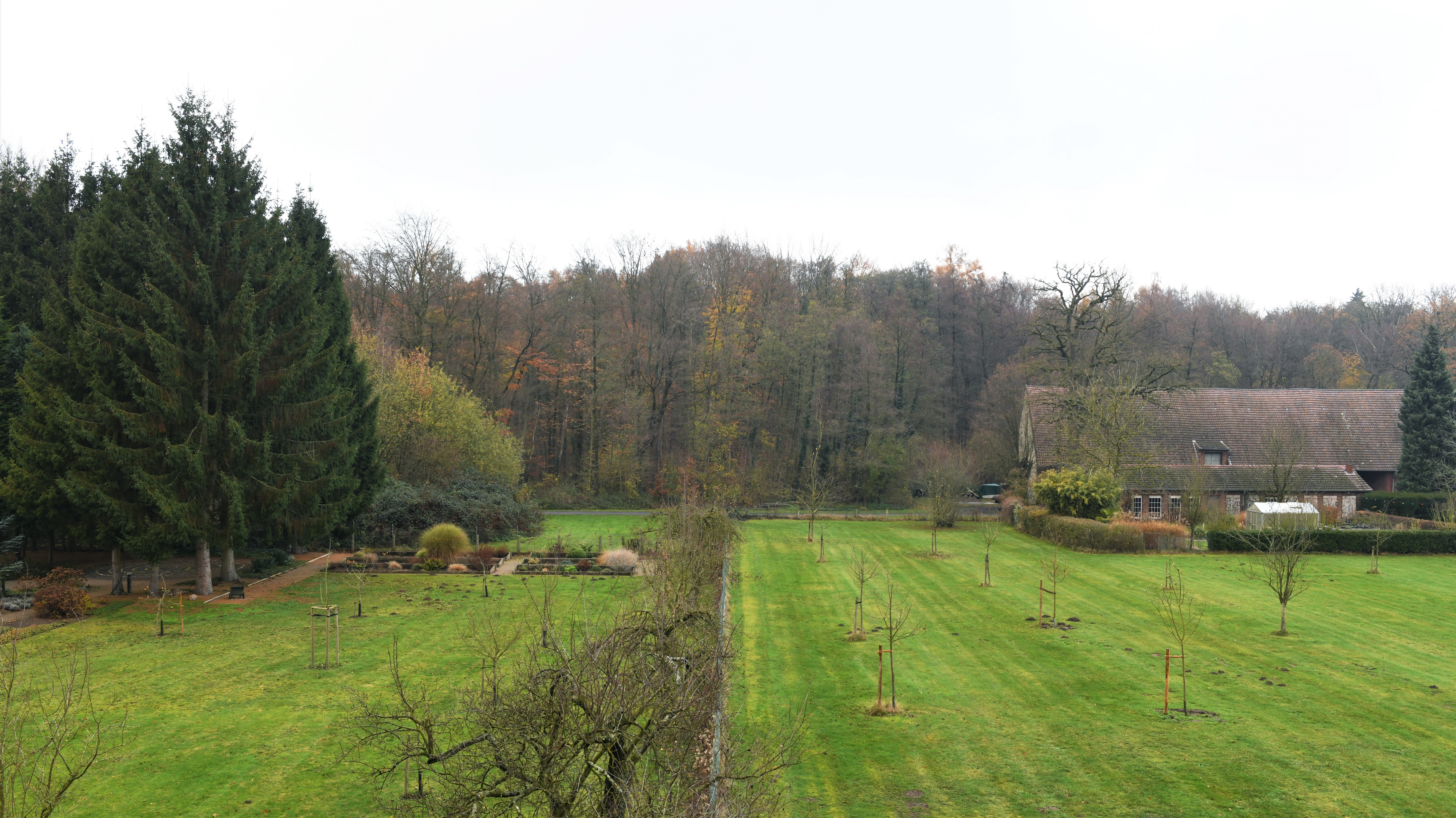 Blick aus dem Schulgebäude auf Wiesen