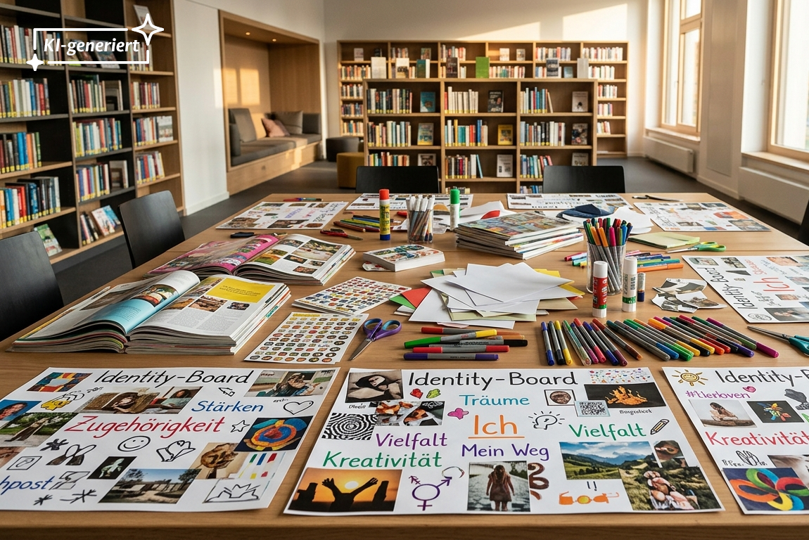 Ein Tisch mit vielen Plakaten aus Bildern und Texten gestaltet