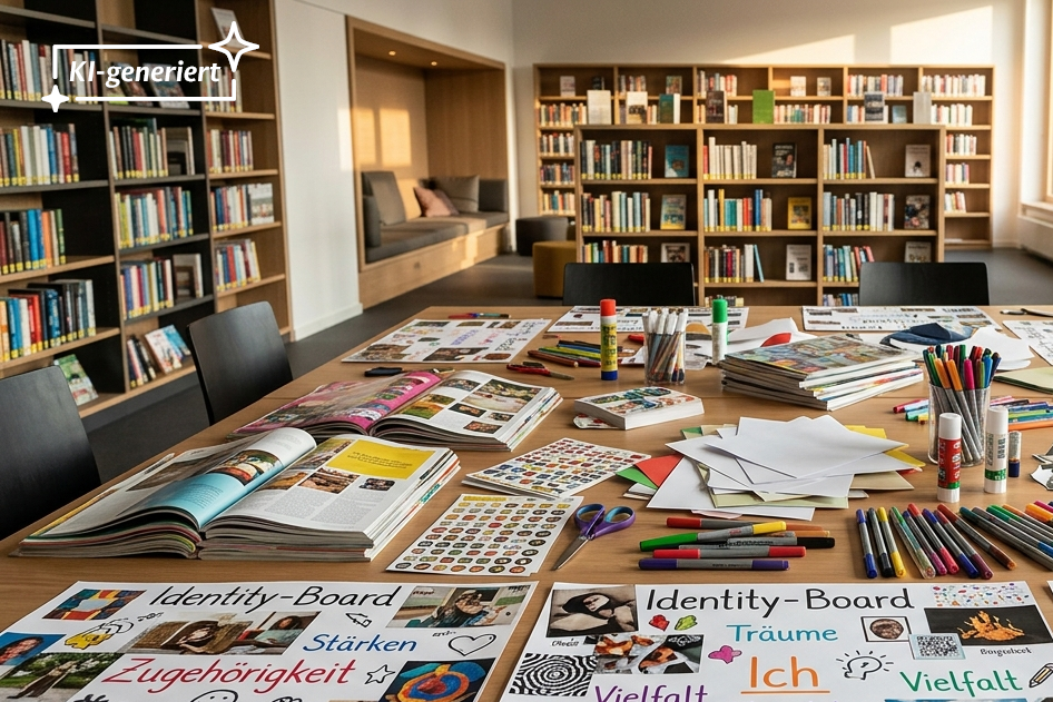Ein Tisch mit vielen Plakaten aus Bildern und Texten gestaltet