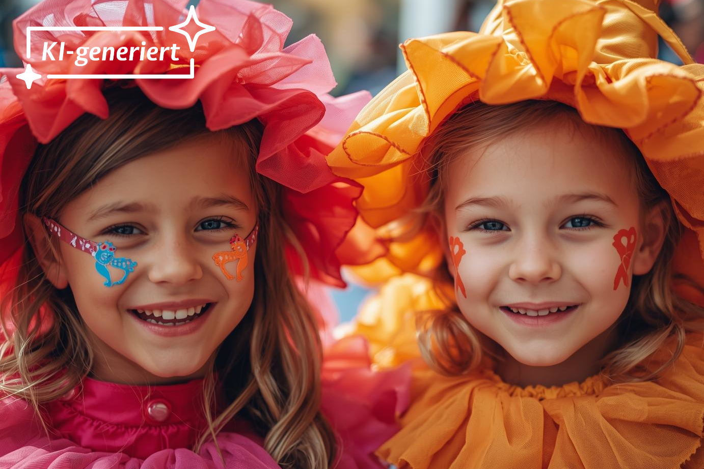 Zwei Mädchen in Karnevalskostümen lächeln in die Kamera.