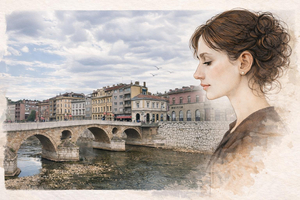 Eine Illustration, die im Vordergrund das Profil einer jungen Frau zeigt und im Hintergrund eine Stadt, durch die ein Fluss fließt.