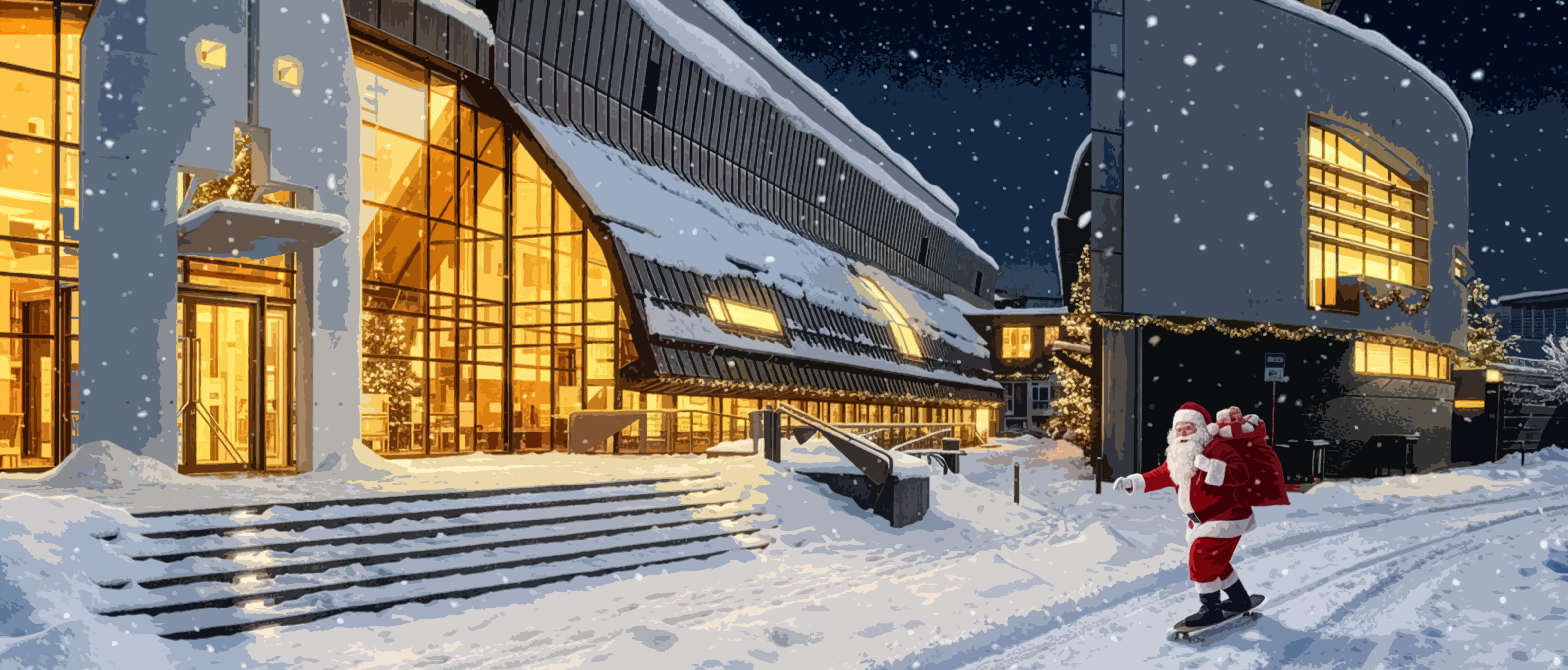 Die Stadtbücherei mit Schnee und Weihnachtsmann