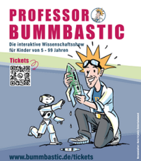 Plakat zur Wissenschaftsshow „KNALLEGRA“, auf dem der comichaft gezeichnete Professor und sein Roboter zu sehen sind.