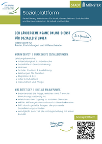 Foto des Werbeposters der Sozialplattform. Rechts oben ist das Logo der Stadt Münster zu sehen. Links oben das Logo des Transformationsprozesses. Es werden stichpunktartig die Leistungsbereiche und Angebote der Sozialplattform zusammengefasst.