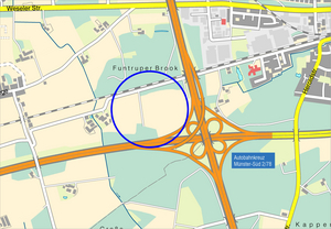Stadtplanausschnitt mit dem Bereicht der geplanten Windkraftanlage nordwestlich des Autobahnkreuzes Münster-Süd