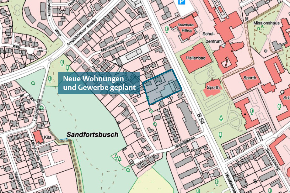 Karte von Hiltrup mit der markierten Fläche.