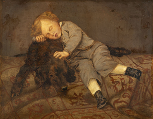 Ein kleiner Junge liegt schlafend auf einem ruhenden Hund. 