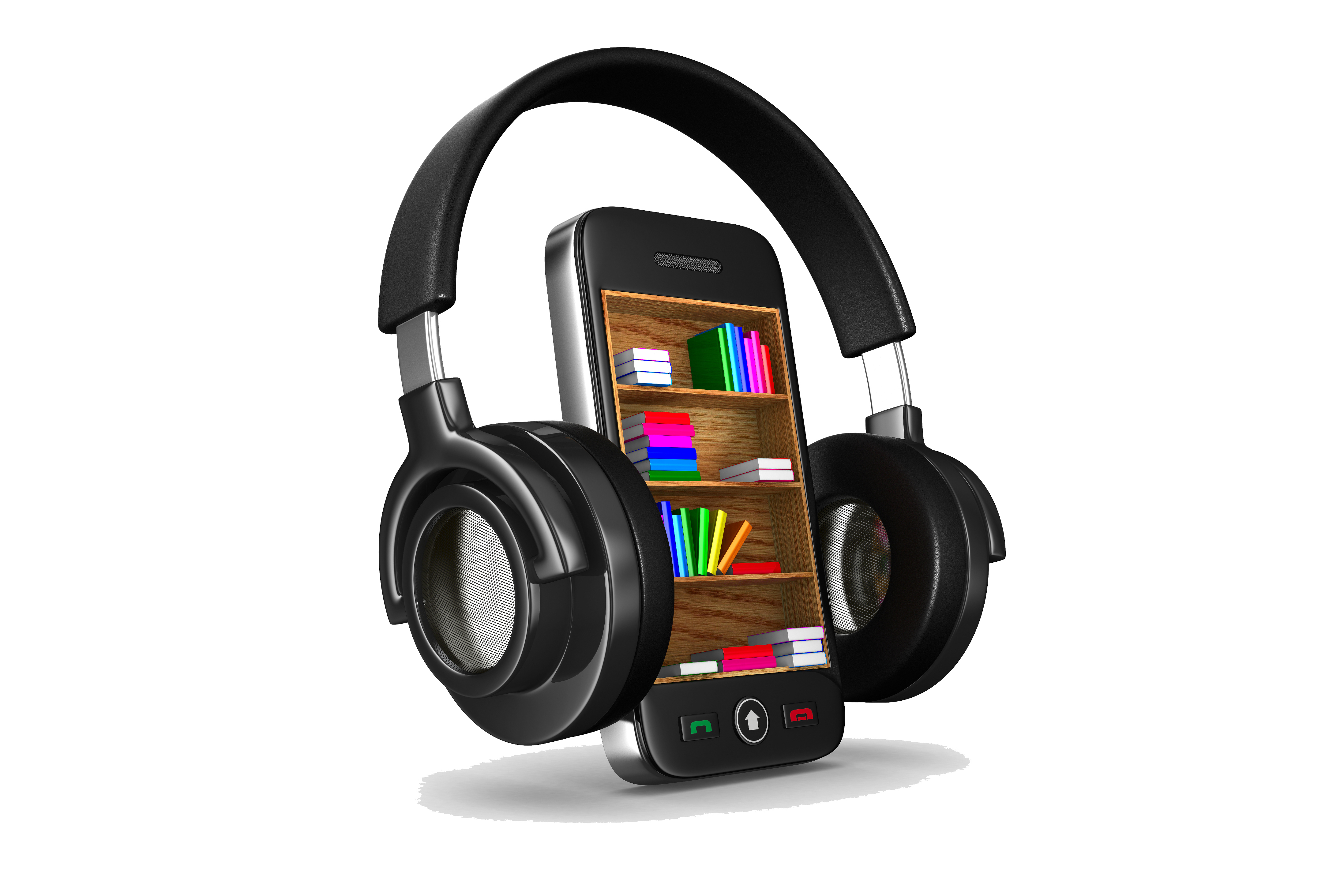 Ein Kopfhörer umschließt ein Smartphone mit einen Bücherregalbild.