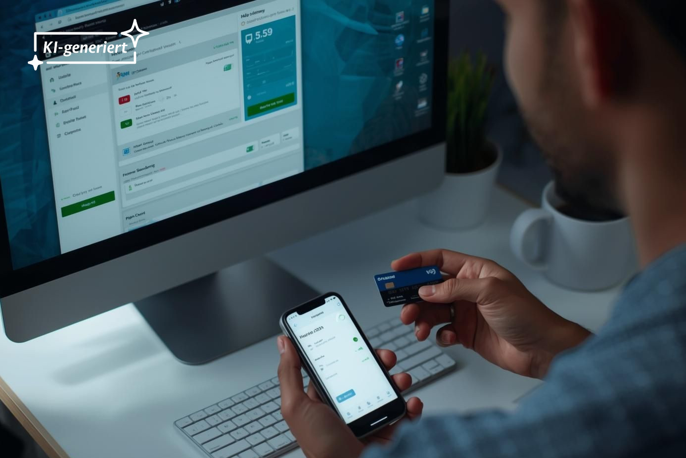 Ein Mann sitzt mit Smartphone und Bankkarte vor seinem PC.