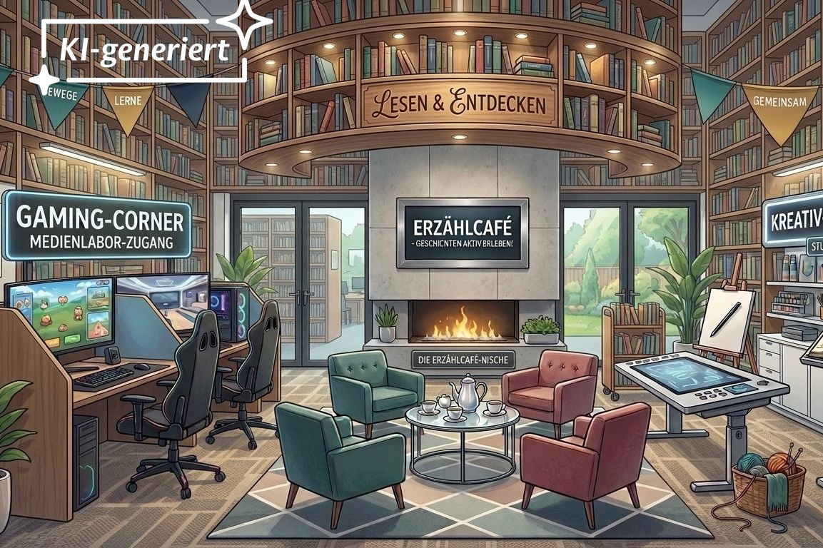Das Foto zeigt ein KI-generiertes Bild mit Lesecafé, Gamingecke und Kreativbereich.