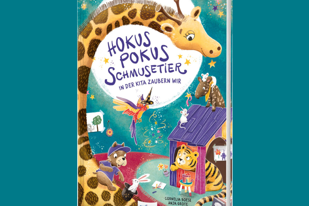 Buchcover "Hokus Pokus Schmusetier". Verschiedene Tiere tummeln sich auf dem Cover.