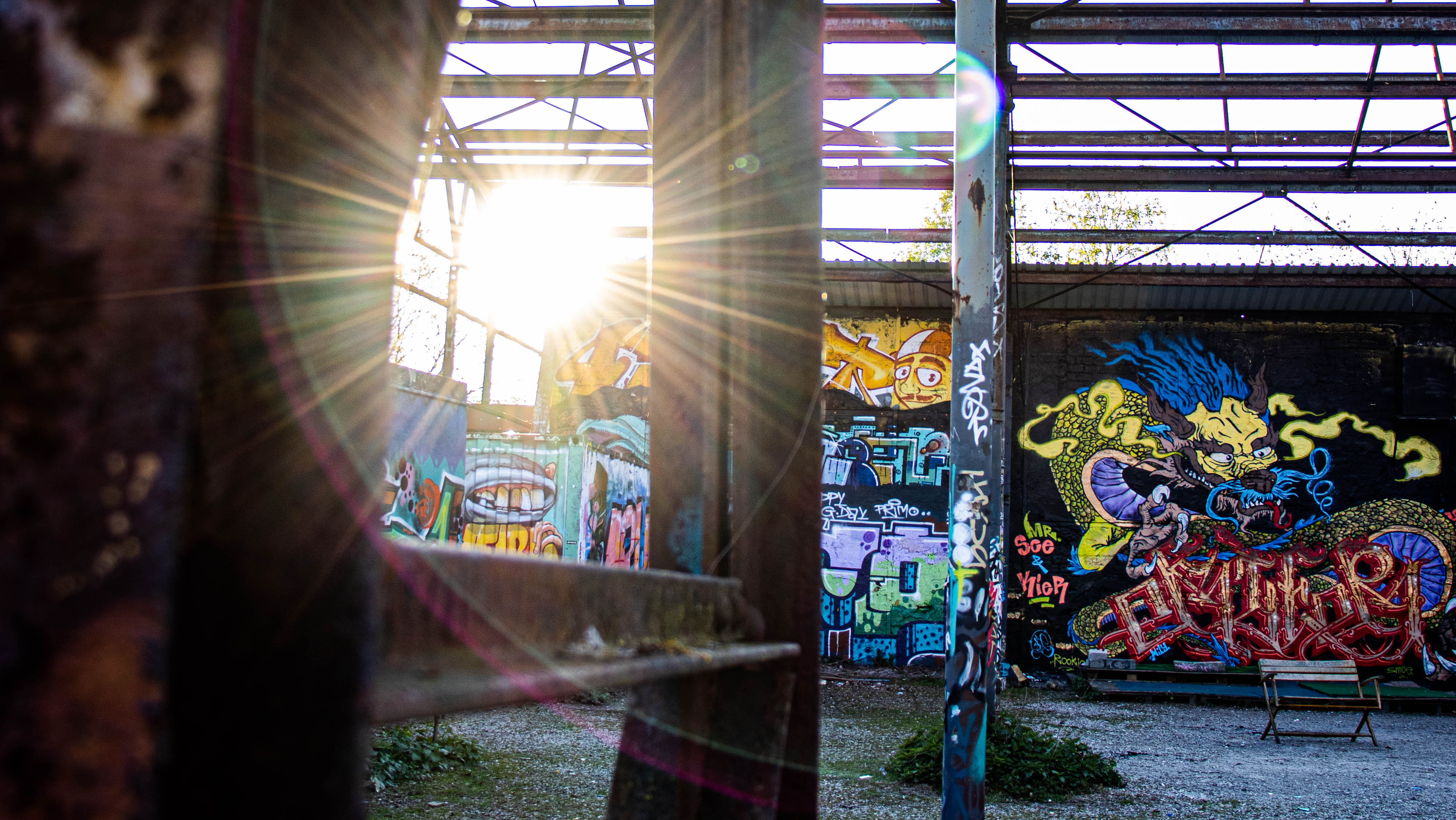 Das Hawerkamp-Gelände mit Streetart im Gegenlicht.