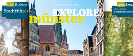 Titel der touristischen Boschüren von Münster Marketing mit einer Ansicht des Prinzipalmarkts in der Mitte.