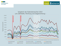 Die Abbildung zeigt die Jahresganglinien der zehn Dauerzählstellen in Münster für das Jahr 2021.