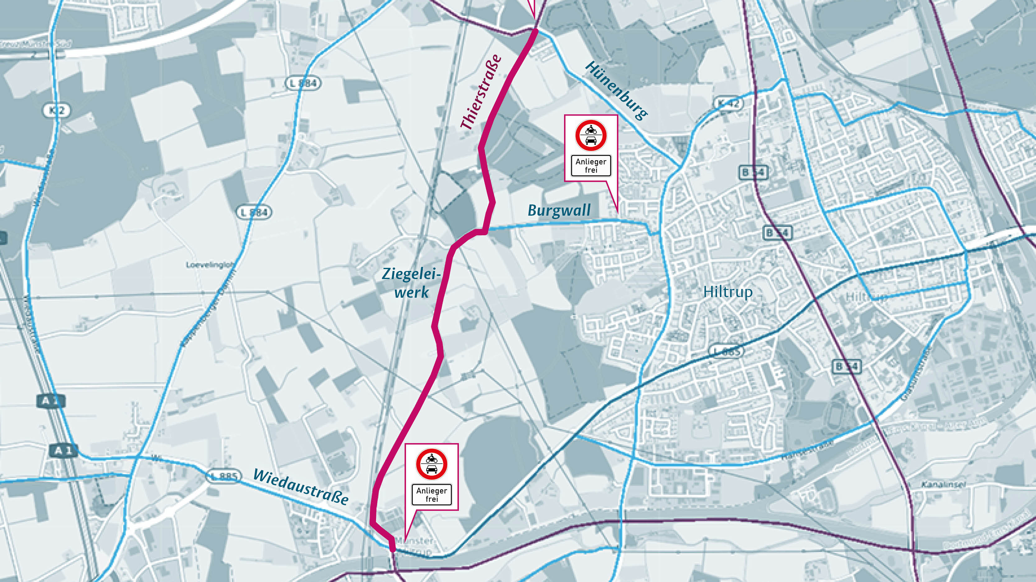 Stadtplanausschnitt mit hervorgehobener Thierstraße