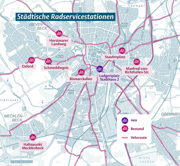 Karte mit den eingezeichneten Standorten der Radservicestationen in Münster