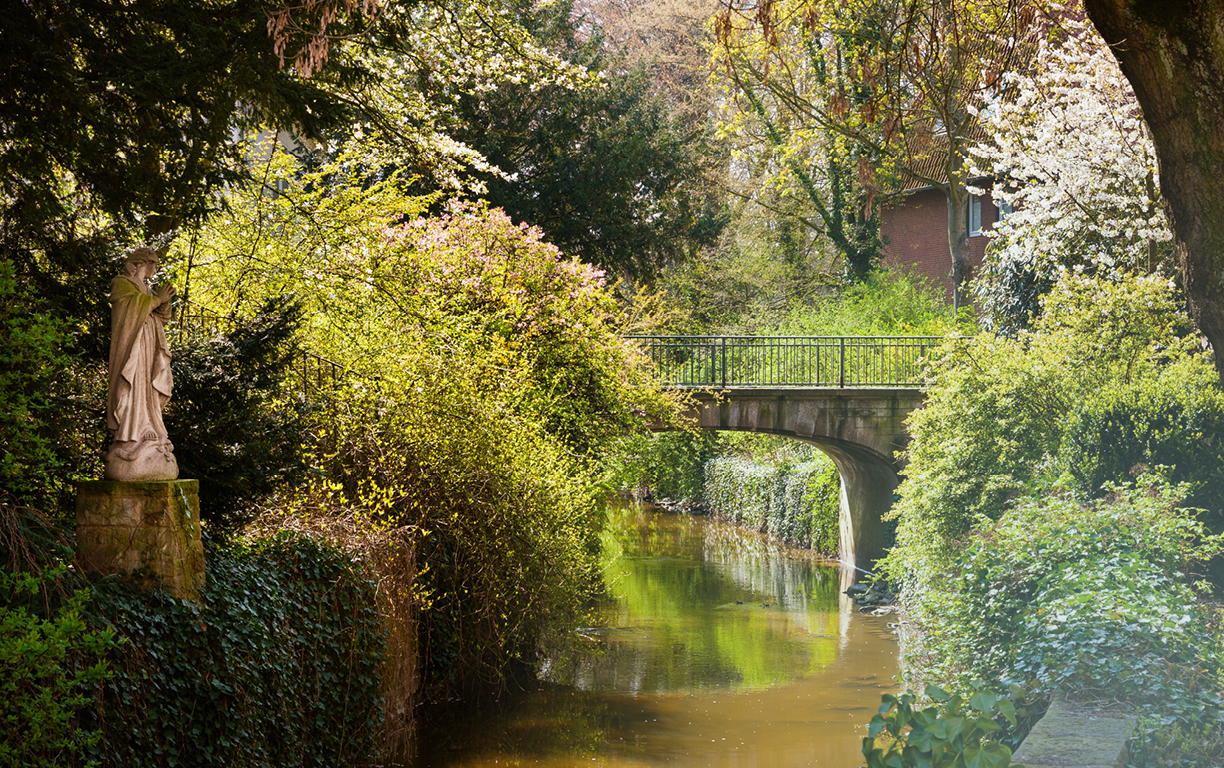 Bäume und Sträucher rechts und links des Flusses Aa in Münster und eine Brücke, die über den Fluss führt.