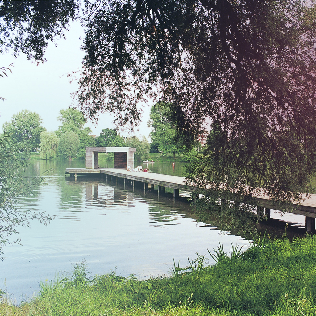 Ein Steg mit einem kleinen Pavillon ragt in den Aasee in Münster hinter einer grünen Wiese und einem darüber befindlichen Baum mit dunkelroten Blättern.