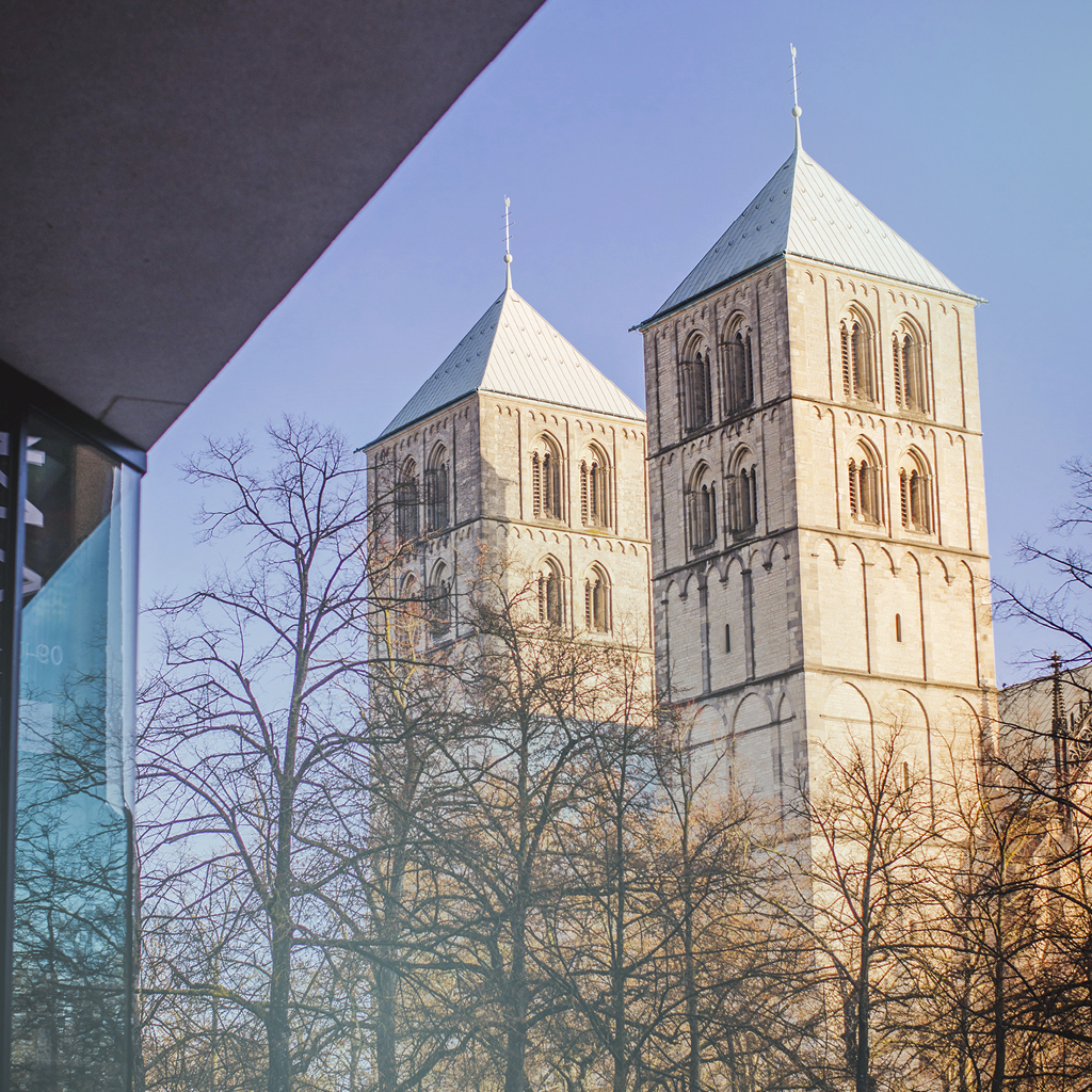 Der Münsteraner St.-Paulus-Dom im Herbst beim Sonnenuntergang, im Vordergrund Bäume ohne Blätter.