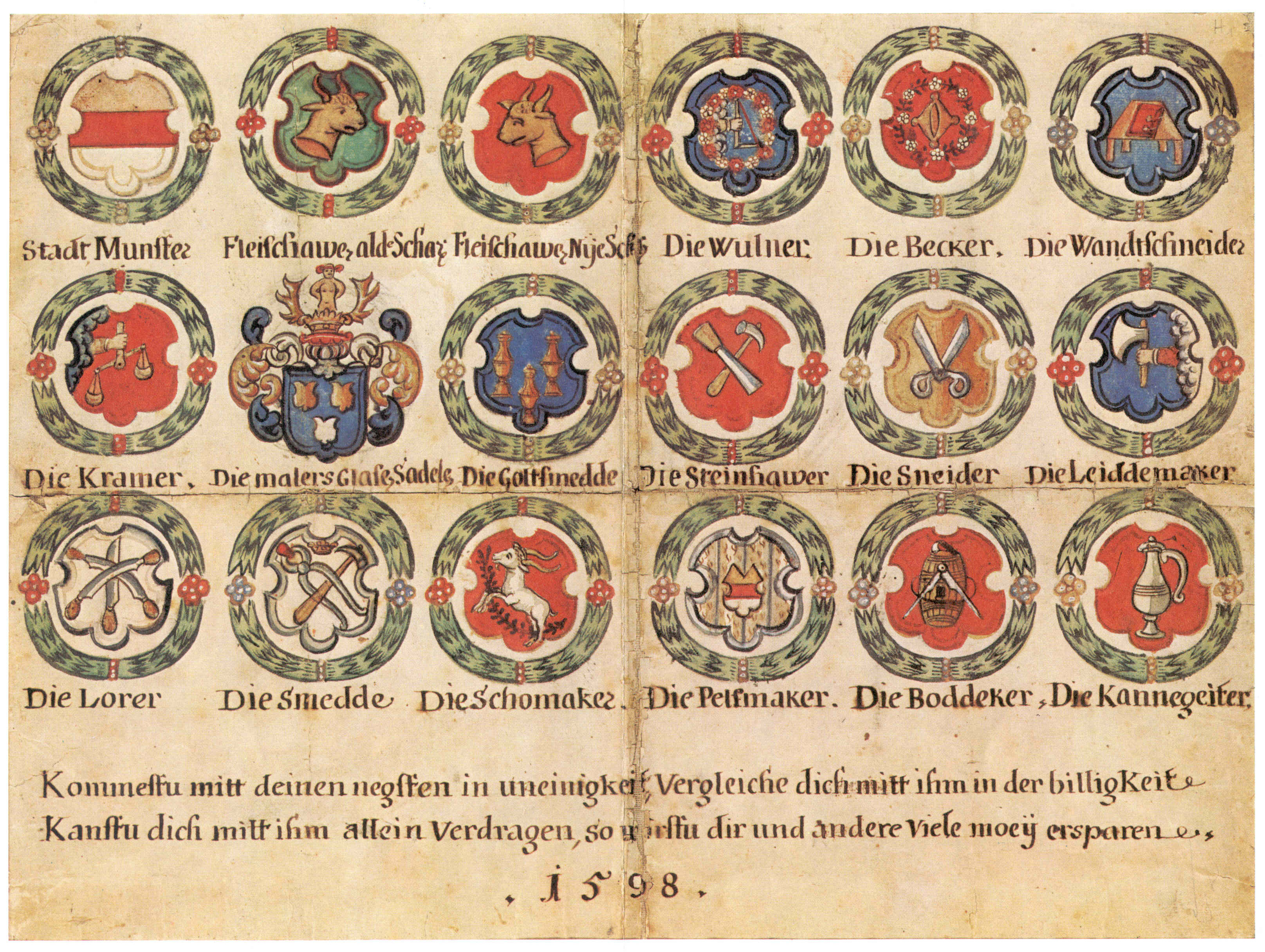 Das gold-rot-silberne Wappen der Stadt Münster und die Wappen der 17 münsterschen Gilden