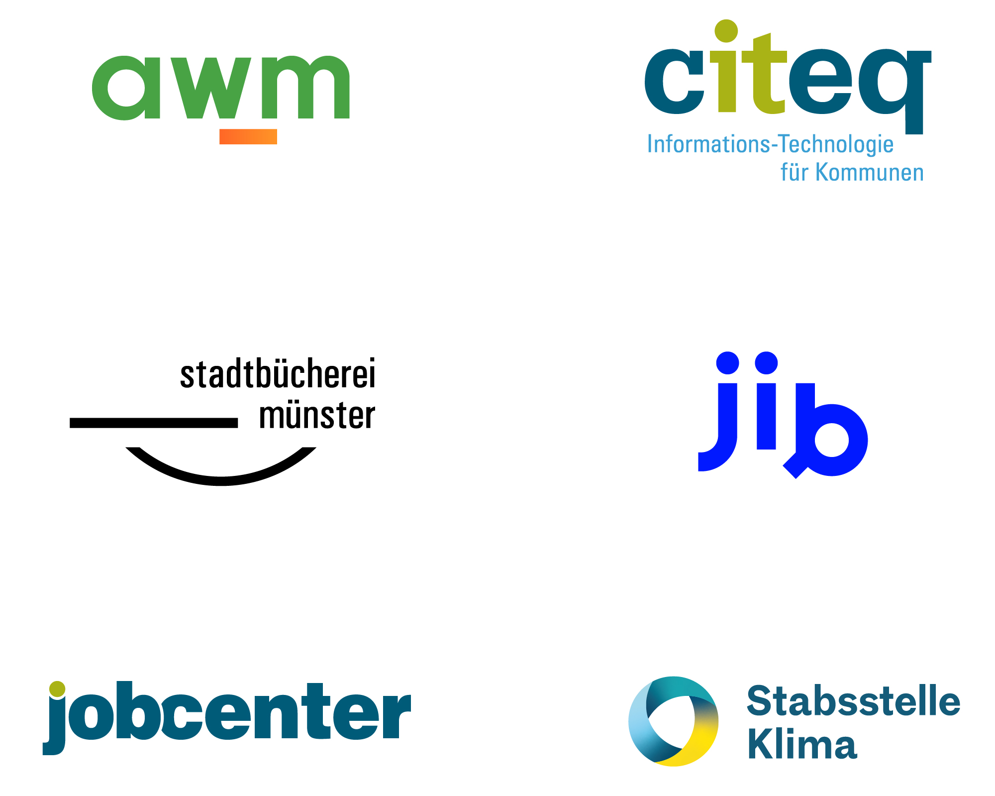 Beispiele für die Eigenmarken bei der Stadt Münster: AWM, citeq, Bücherei, jib, Jobcenter und Stabsstelle Klima