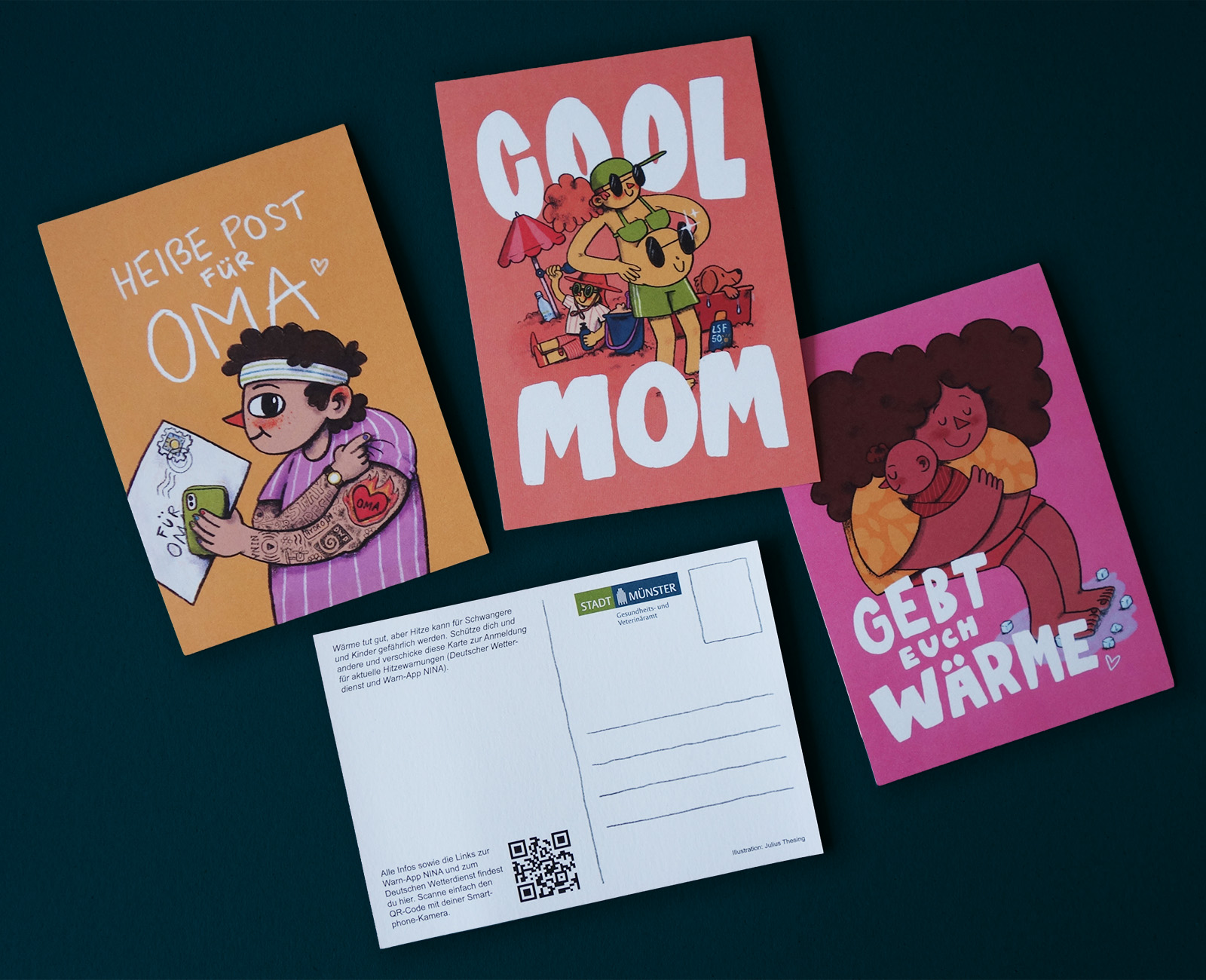 Eine Postkartenserie aus 3 Postkarten und einer Rückseite als Beispiel