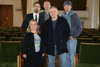 Regisseur Lars Jessen (rechts) mit den Schauspielern Peter Jordan, Jan Josef Liefers, Axel Prahl und ChrisTine Urspruch
