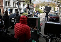 Dreharbeiten für neue Wilsberg-Folgen im April 2021 in Münster. Foto: Tessa Langhans