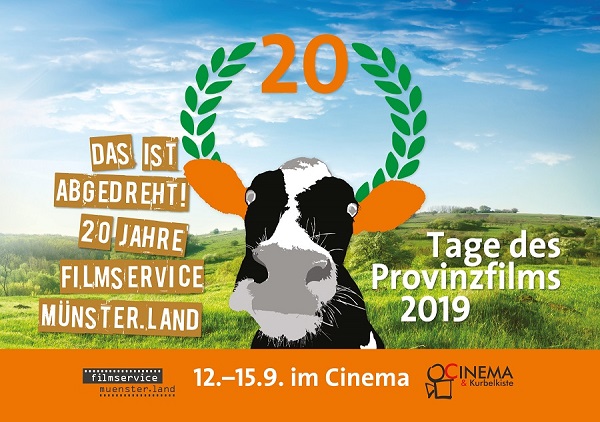 Poster der Provinzfilmtage 2019 mit dem Schriftzug 'Das ist abgedreht! 20 jahre Filmservice Münsterland'