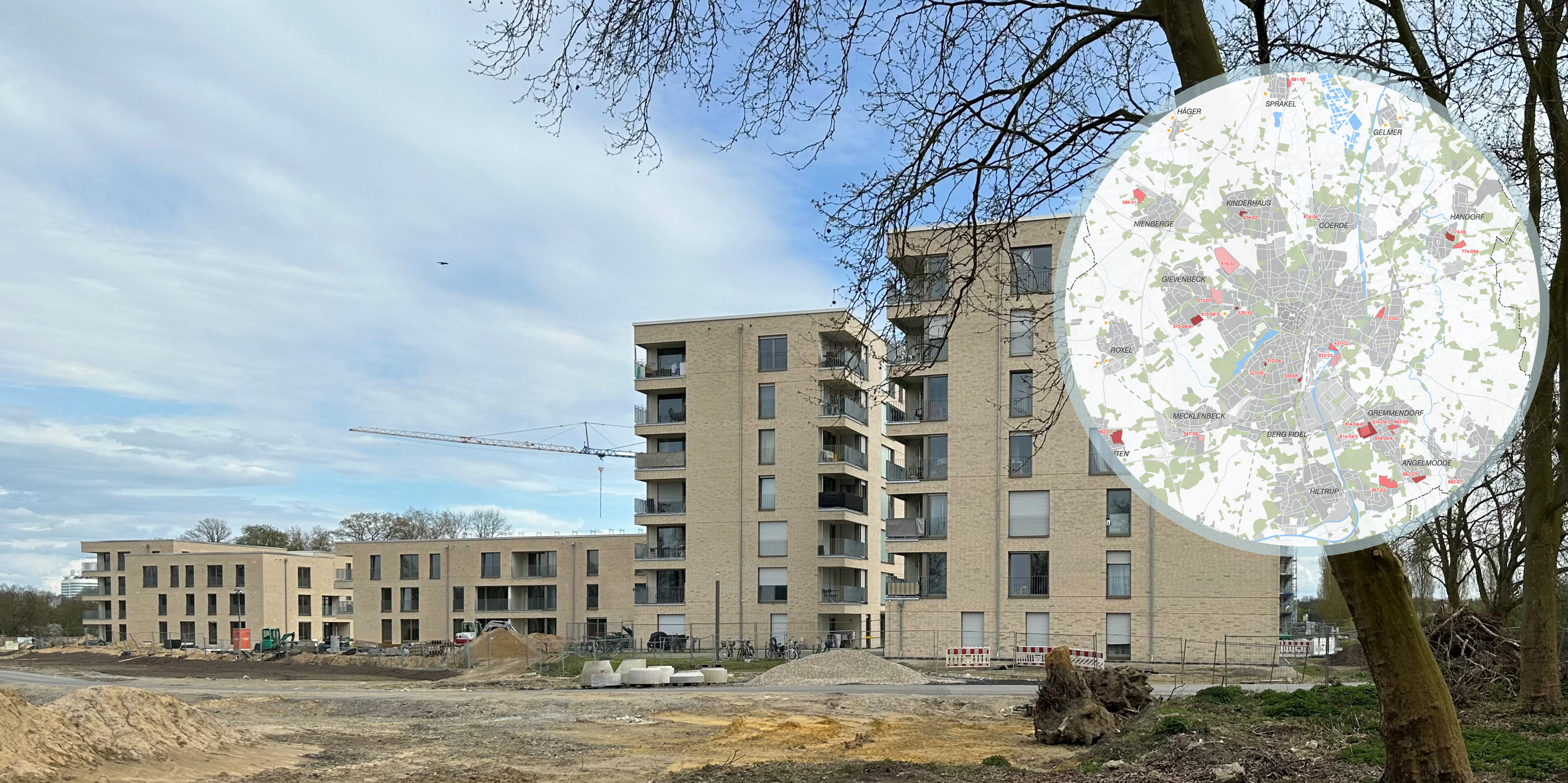 Baustelle im Oxfordquartier mit Kartenausschnitt vom Baulandprogramm