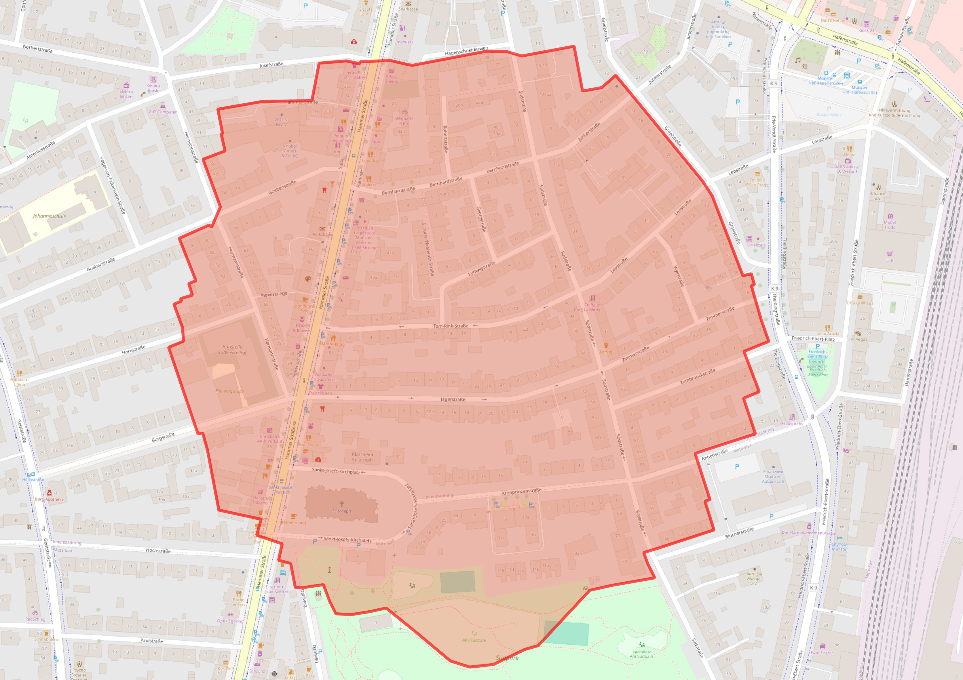 Ausschnitt einer Stadtkarte mit möglichem Radius