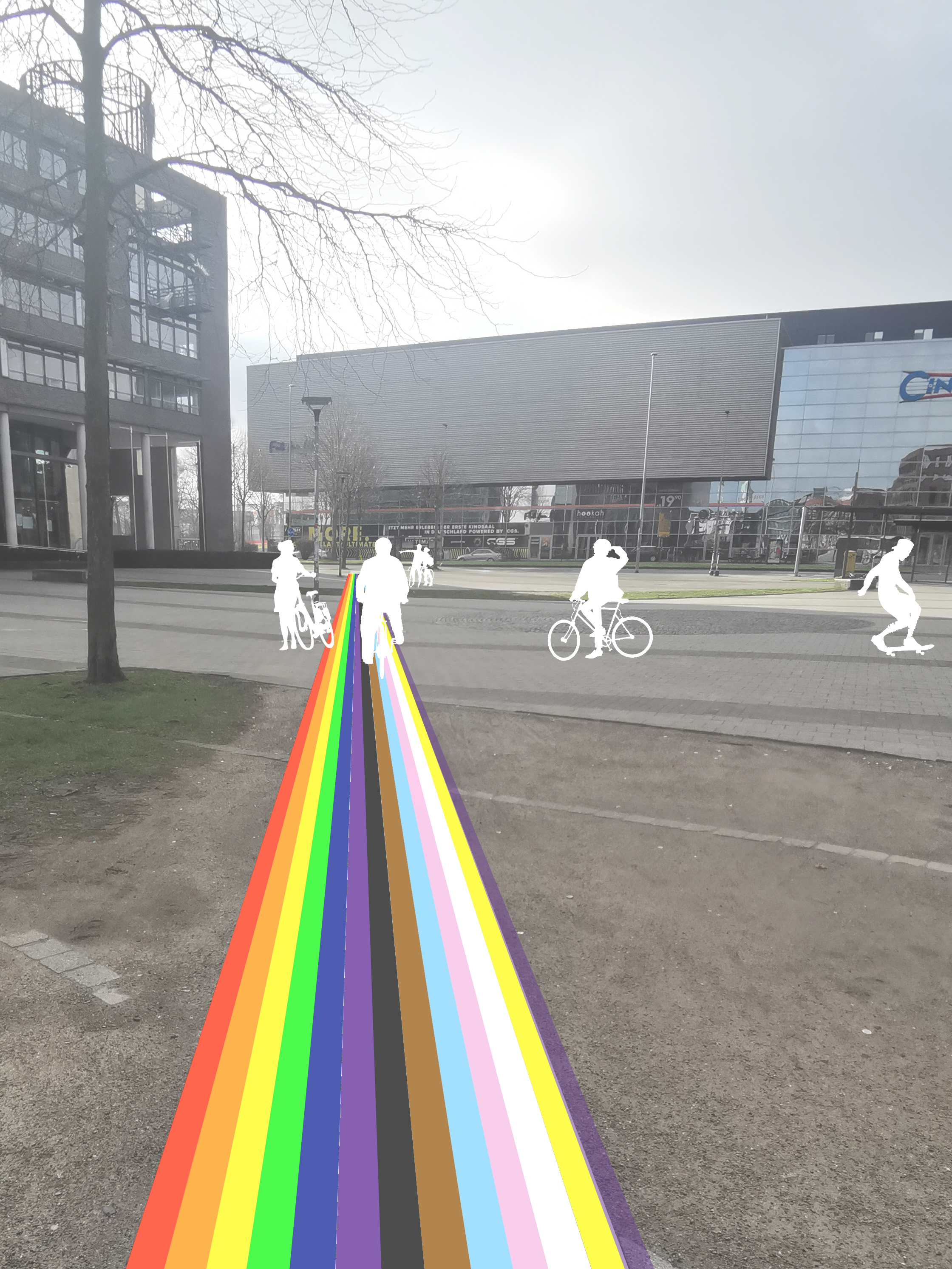 Visualisierung des Regenbogen-Farbstreifens auf dem Hafenplatz in Münster.