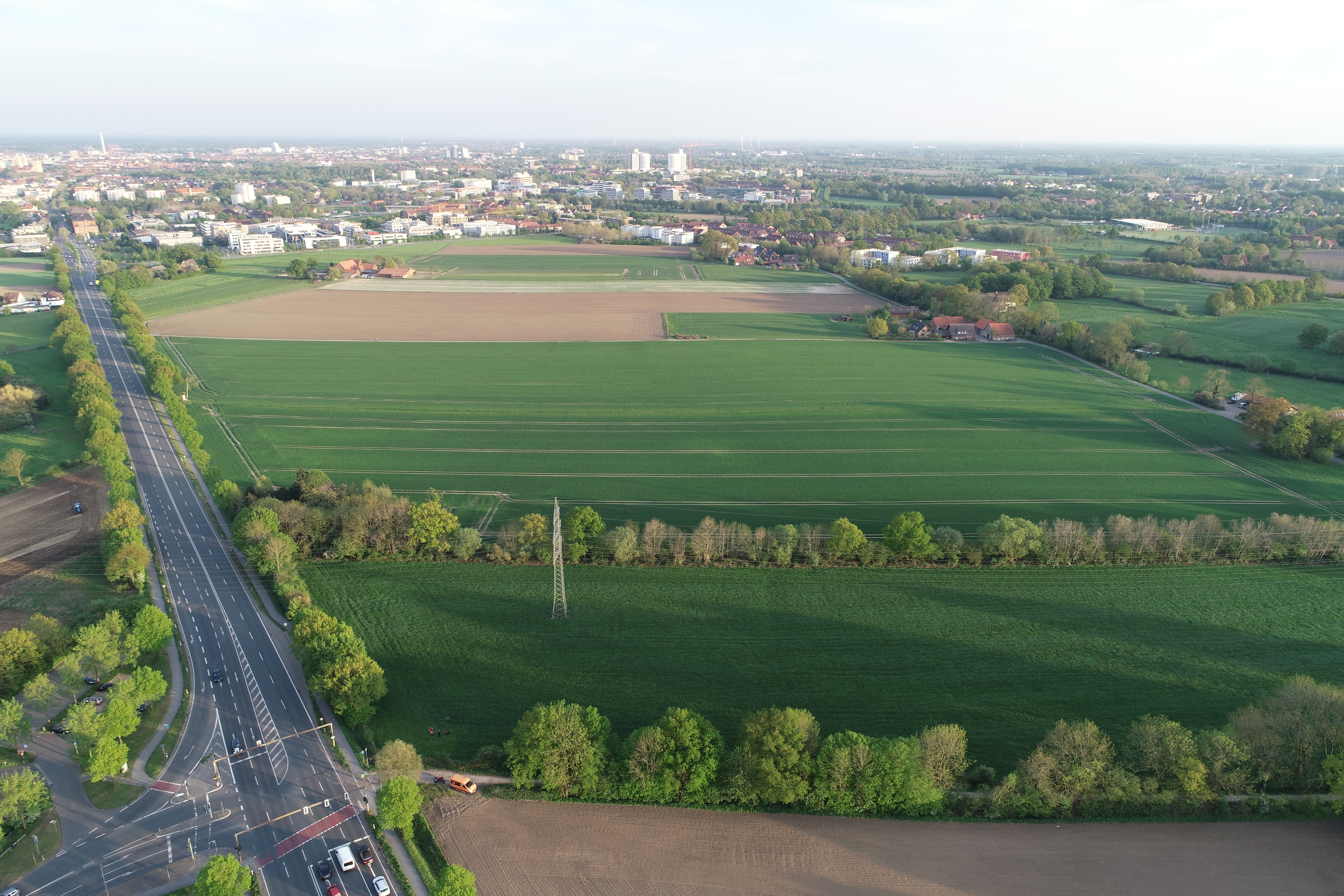 Luftbild von einer großen Grünfläche bzw. Wiese oder landwirtschaftlich genutzter Fläche, am Horizont ist die Stadt zu erkennen. Links erstreckt sich vom Vordergrund bis in den Hintergrund die Steinfurter Straße.