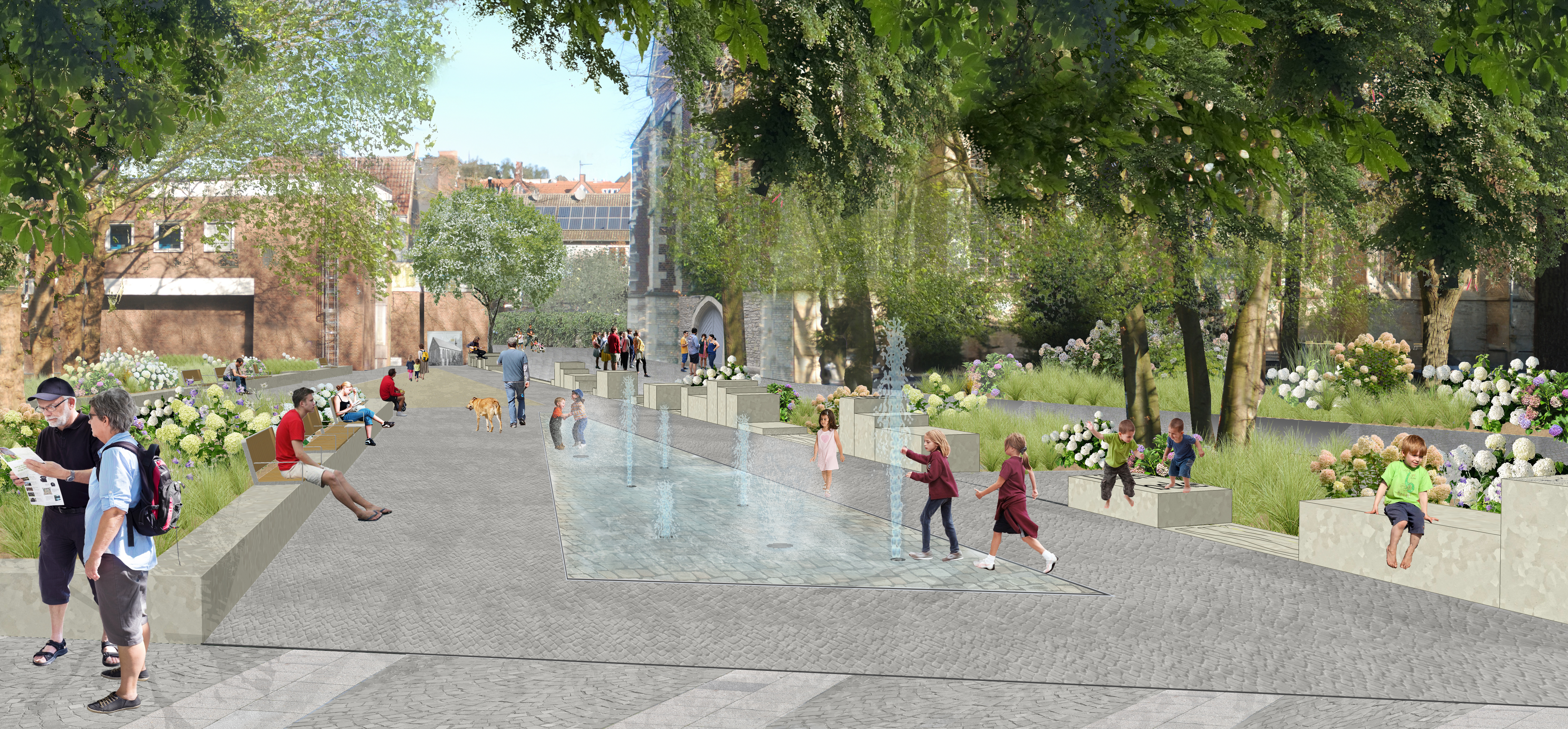 Visualisierung einer möglichen Umgestaltung des Parkplatzes an der Apostelkirche mit Blumen, Wasserspielen und Sitzmöglichkeiten