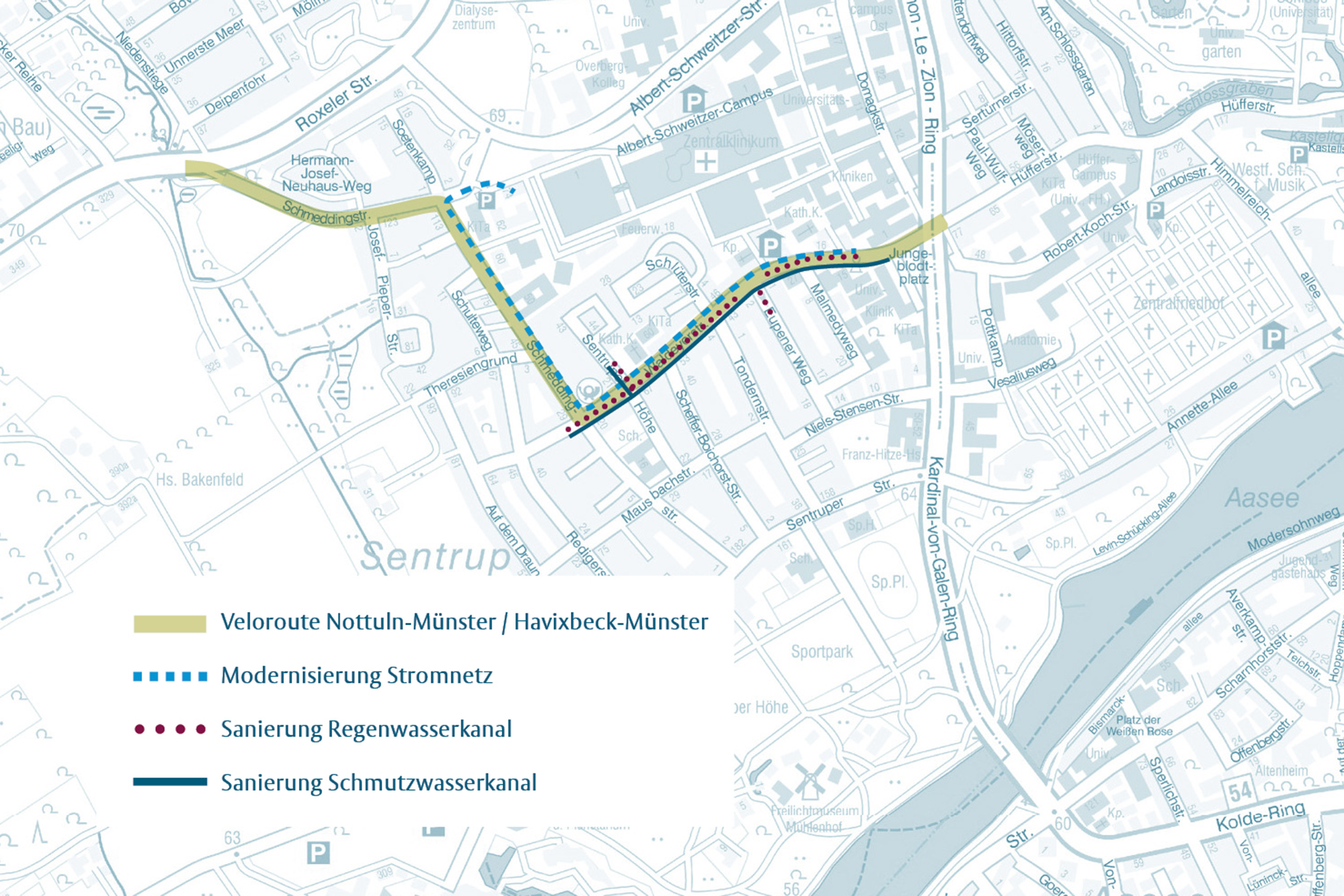Grafische Kartendarstellung mit den  Bereichen der Schmedding- und der Waldeyerstraße, die saniert bzw. erneuert und vergrößert werden.