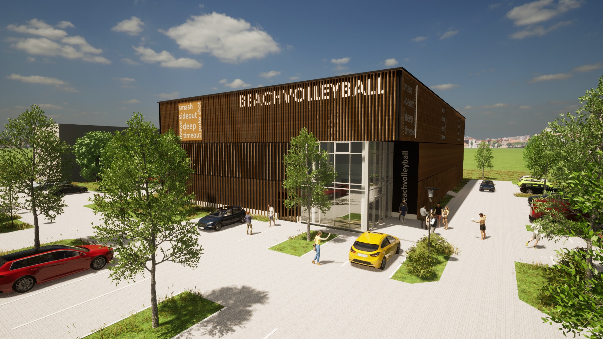 Zeichnung eines braunen kastenförmigen Gebäudes mit dem Schriftzug Beachvolleyball, im Hintergrund ist eine grüne Wiese, im Vordergrund ein Parkplatz mit einigen Autos und Menschen.