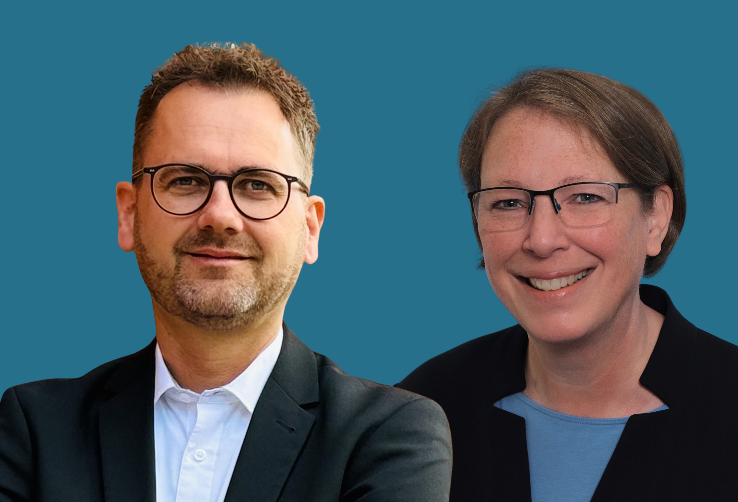 Zwei nebeinander gelegte Portätfotos von Lukas Fiegen und Alexandra Wirtz vor blauem Hintergrund