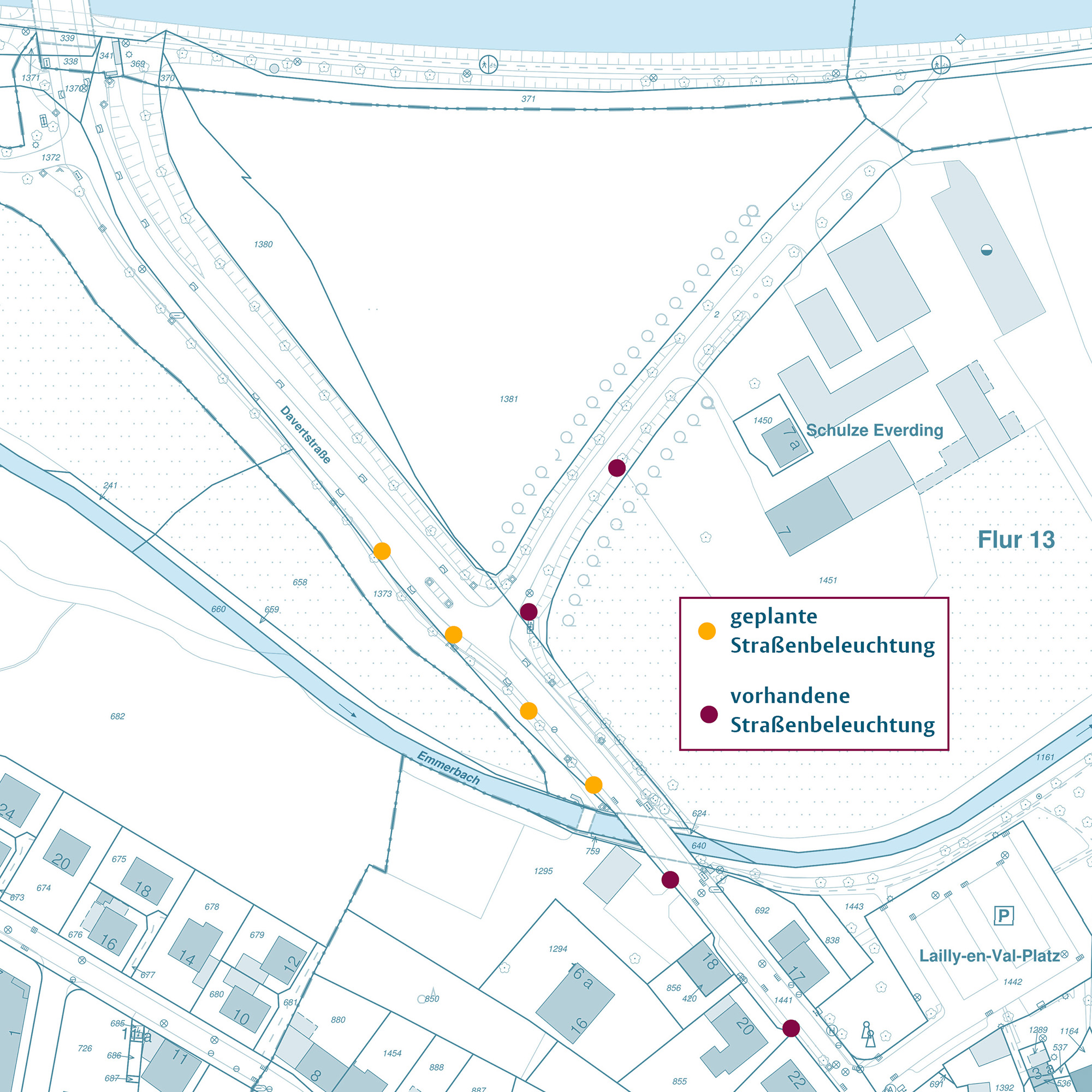 Karte Daverstraße mit Markierungen für neue Beleuchtung