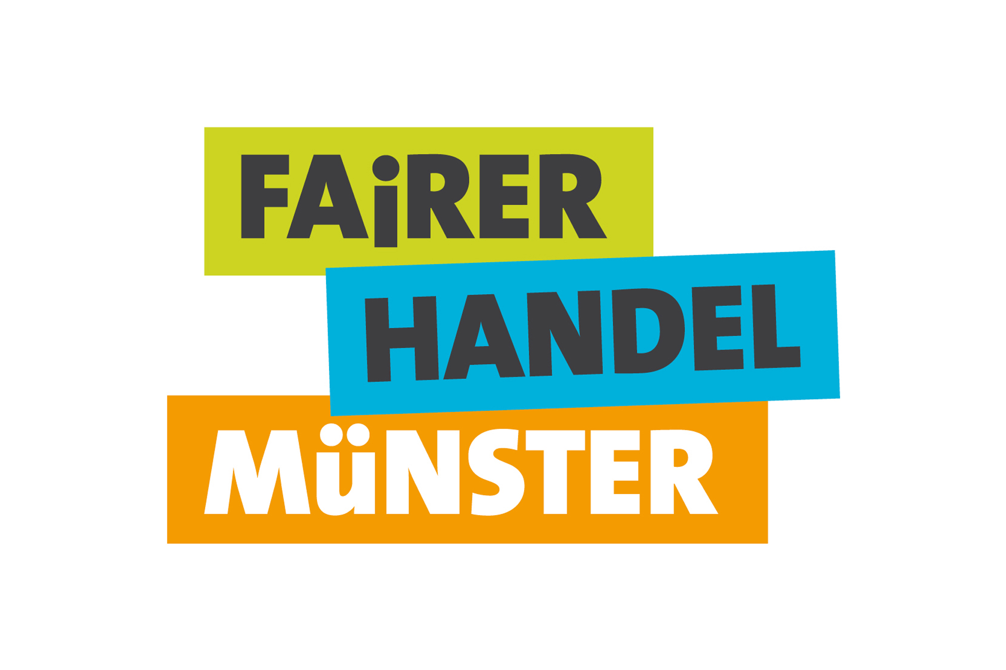 Logo mit der Schrift "FAIRER HANDEL MÜNSTER", jedes Wort hat einen andersfarbigen Hintergrund.